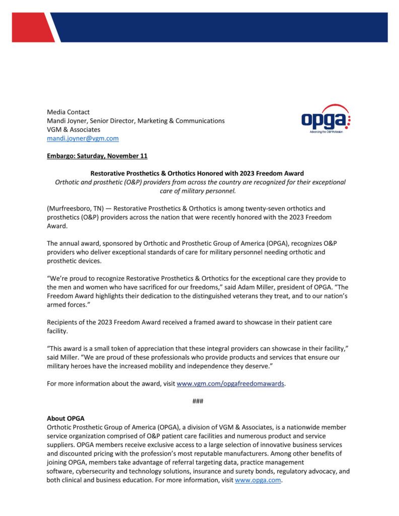 Award letter from OPGA